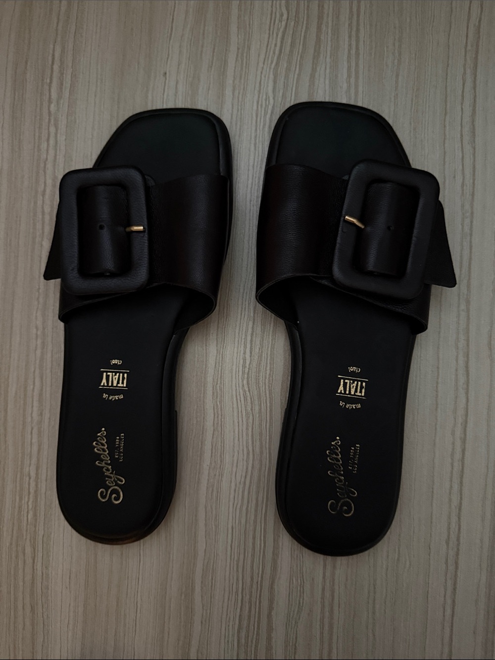 Seychelles Black Slide Sandals with Oversized Buckle